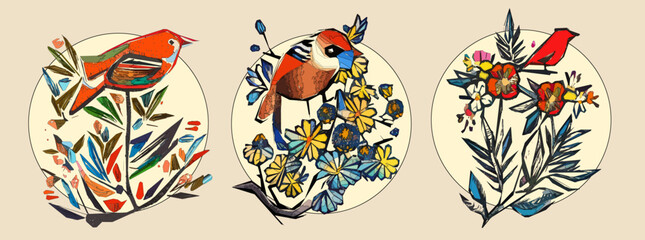 Bird on tree branch with leaves, flowers and large circle on light beige background. Colorful illustration.