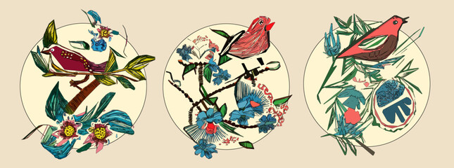 Bird on tree branch with leaves, flowers and large circle on light beige background. Colorful illustration.