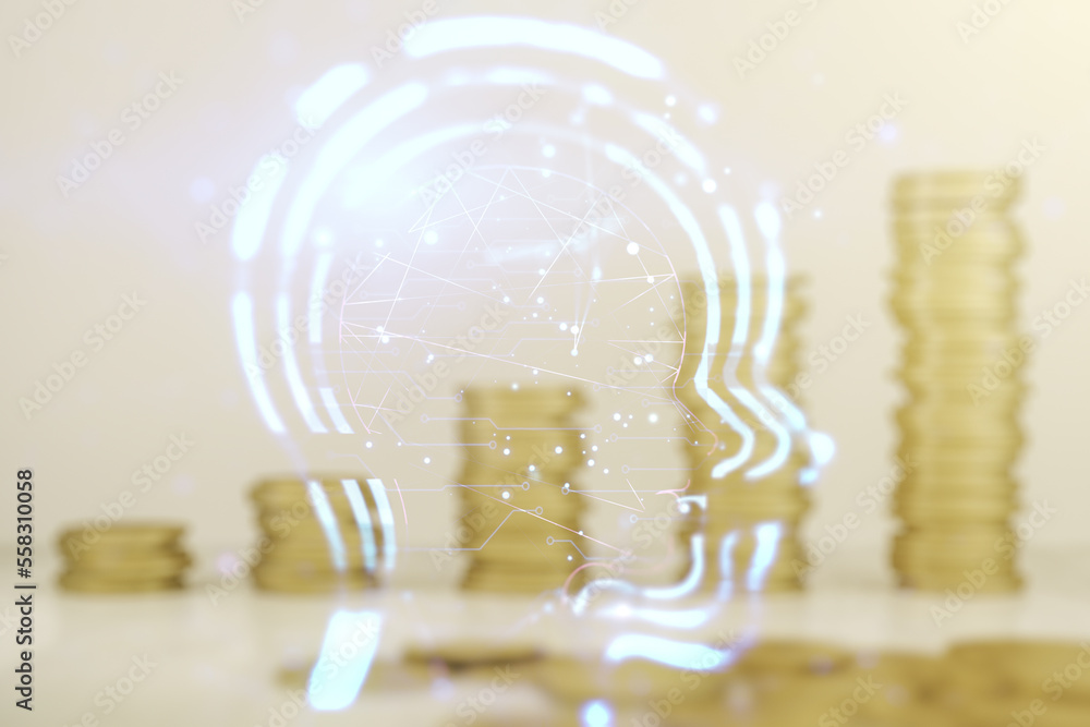 Poster abstract virtual artificial intelligence concept with human head sketch on coins background. double 