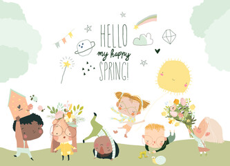 Fototapeta premium Cartoon Group of Happy Children meeting Spring