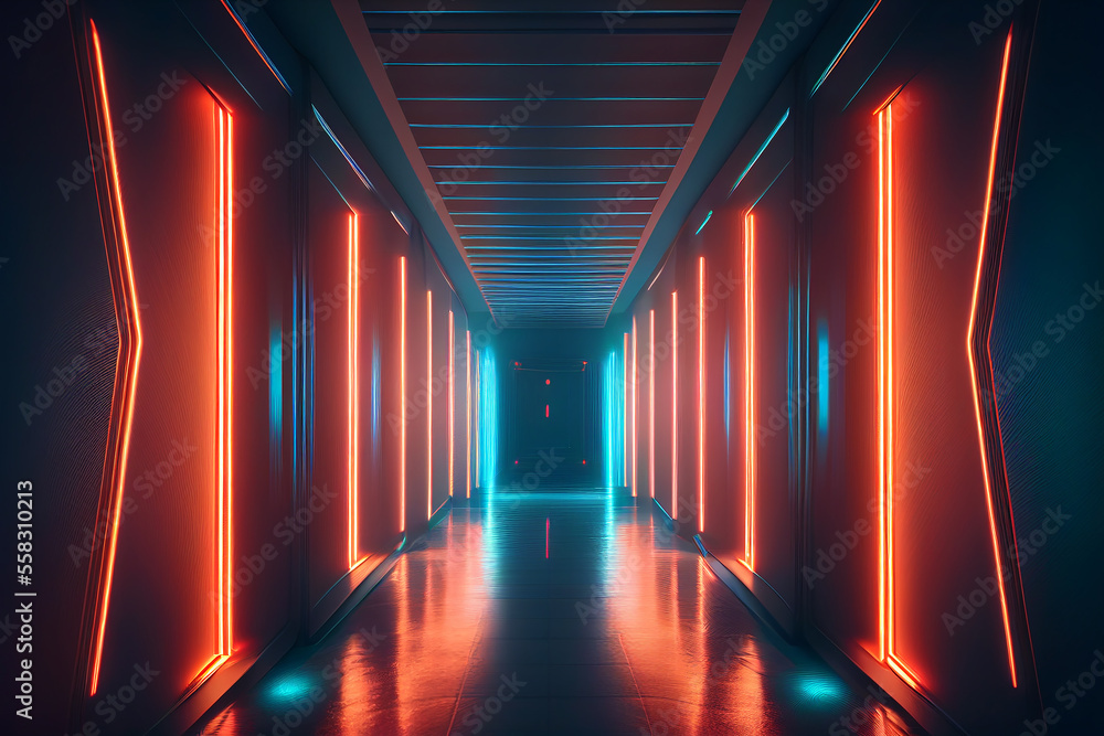 Poster futuristic background with neon lights in tunnel. abstract virtual reality background with glowing l