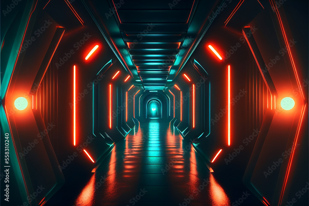 Poster futuristic background with neon lights in tunnel. abstract virtual reality background with glowing l