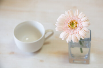 Obraz na płótnie Canvas テーブルの上に並んだ、白いコーヒーカップと、小さな花瓶に入った一本のピンクのガーベラ