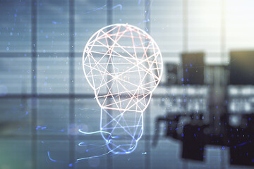 Virtual Idea concept with light bulb illustration on a modern conference room background....