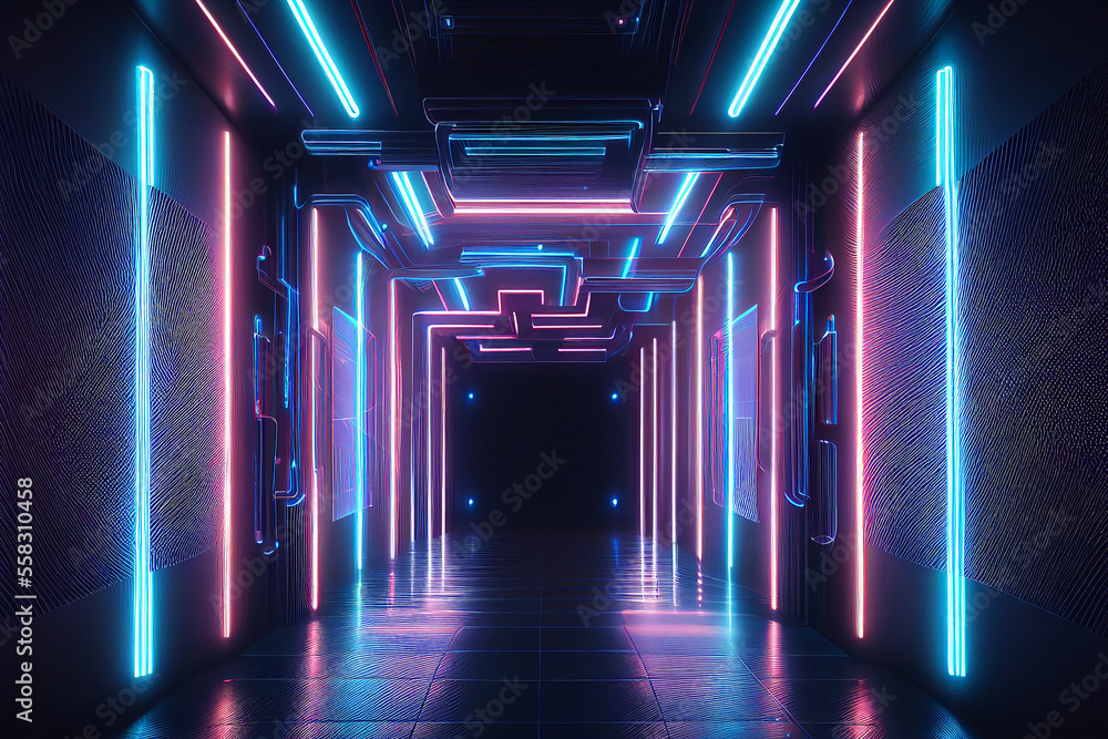 Poster futuristic background with neon lights in tunnel. abstract virtual reality background with glowing l