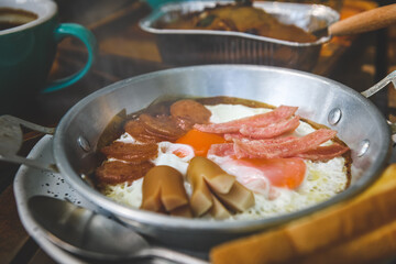 Thai breakfast with coffee concept, pan-fried egg.