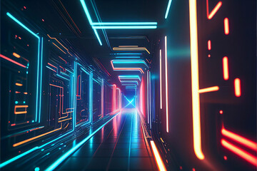 Futuristic background with neon lights in tunnel. Abstract virtual reality background with glowing lines reflections. Generative AI