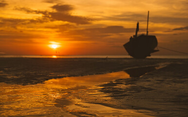 Silhouette  wooden sea Fishing boat.