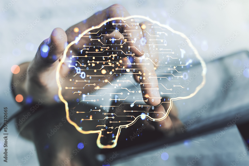 Poster double exposure of creative human brain microcircuit and hand working with a digital tablet on backg
