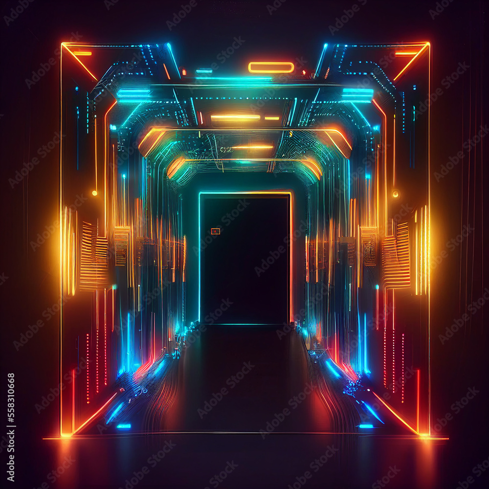 Poster futuristic background with neon lights in tunnel. abstract virtual reality background with glowing l