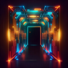 Futuristic background with neon lights in tunnel. Abstract virtual reality background with glowing lines reflections. Generative AI