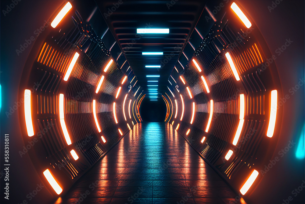 Poster futuristic background with neon lights in tunnel. abstract virtual reality background with glowing l