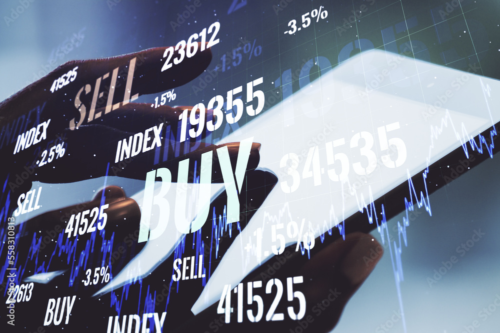 Poster multi exposure of abstract financial diagram and hand working with a digital tablet on background, b
