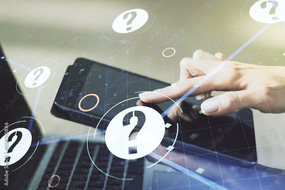 Poster creative abstract question mark sketch and hand working with a digital tablet on background, faq and