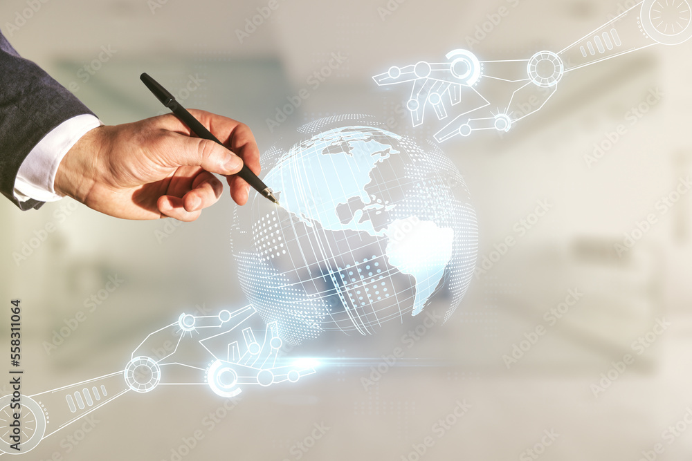 Aufkleber male hand with pen draws abstract virtual robotics technology sketch with globe on blurred office ba