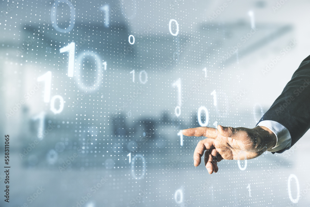 Poster Double exposure of male hand clicks on abstract virtual binary code hologram on blurred office background. Database and programming concept