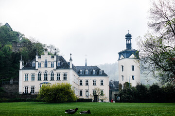 Fototapeta na wymiar Schloss Sayn - Sayn Castle in Bendorf. Germany, Europe. Travel Destination. Rhineland Palatinate. Birds - Ducks in foreground