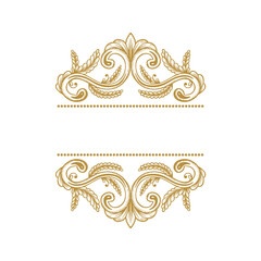 Hand Drawn Vintage damask ornamental elements for design. Baroque frame scroll ornament. Golden Elegant abstract floral pattern border in antique style. Decorative foliage swirl edging.