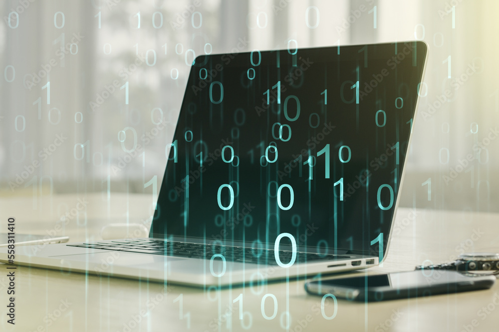 Leinwandbilder creative abstract binary code hologram on modern computer background, ai and machine learning concep