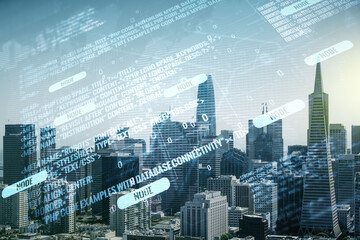Multi exposure of abstract graphic coding sketch and world map on San Francisco cityscape background, big data and networking concept
