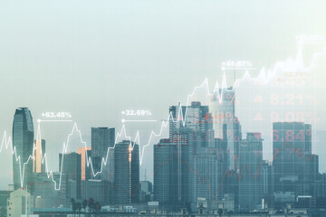 Multi exposure of abstract virtual financial graph hologram on Los Angeles skyline background, forex and investment concept