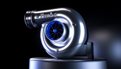 Turbocharger with blue spin on dark background 3D rendering