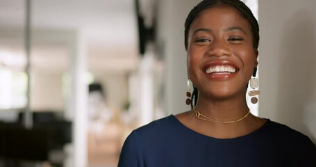 Office tablet, working and happy black woman doing feedback review of digital financial portfolio. Economy mockup, stock market investment and portrait of trader trading forex, nft or bitcoin mock up - Powered by Adobe