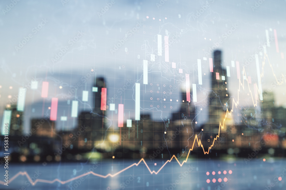 Poster multi exposure of virtual creative financial graph and world map on blurry skyline background, forex