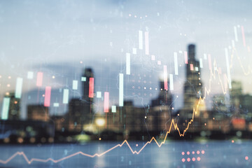 Multi exposure of virtual creative financial graph and world map on blurry skyline background, forex and investment concept