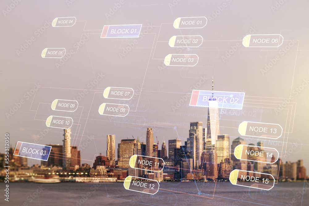 Poster multi exposure of abstract programming language hologram on manhattan office buildings background, a