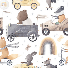 Seamless pattern transports with animals. Watercolor Background. Vintage cars. Beautiful pattern for a child's room. - 558312054