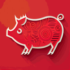 Chinese New Year 2023, Pig zodiac sign on red color background.