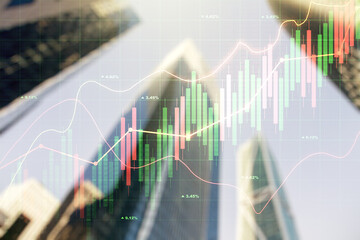 Multi exposure of abstract financial graph on office buildings background, forex and investment concept