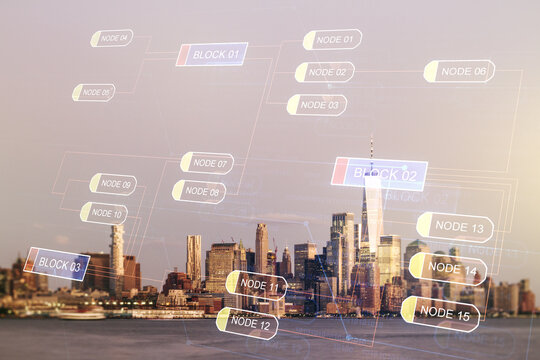 Multi exposure of abstract programming language hologram on Manhattan office buildings background, artificial intelligence and machine learning concept