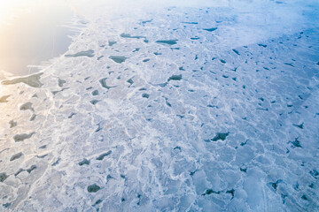 Aerial view of the frozen lake in winter