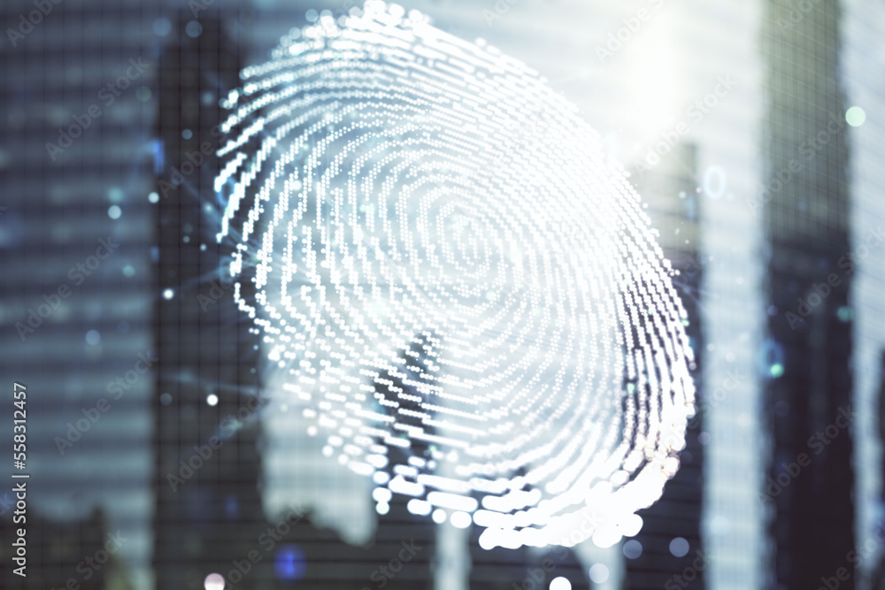 Poster multi exposure of virtual abstract fingerprint illustration on office buildings background, digital 