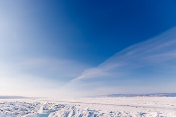 Arctic landscape glacier frozen snow lake Baikal or Antarctica extreme with sun light © Parilov