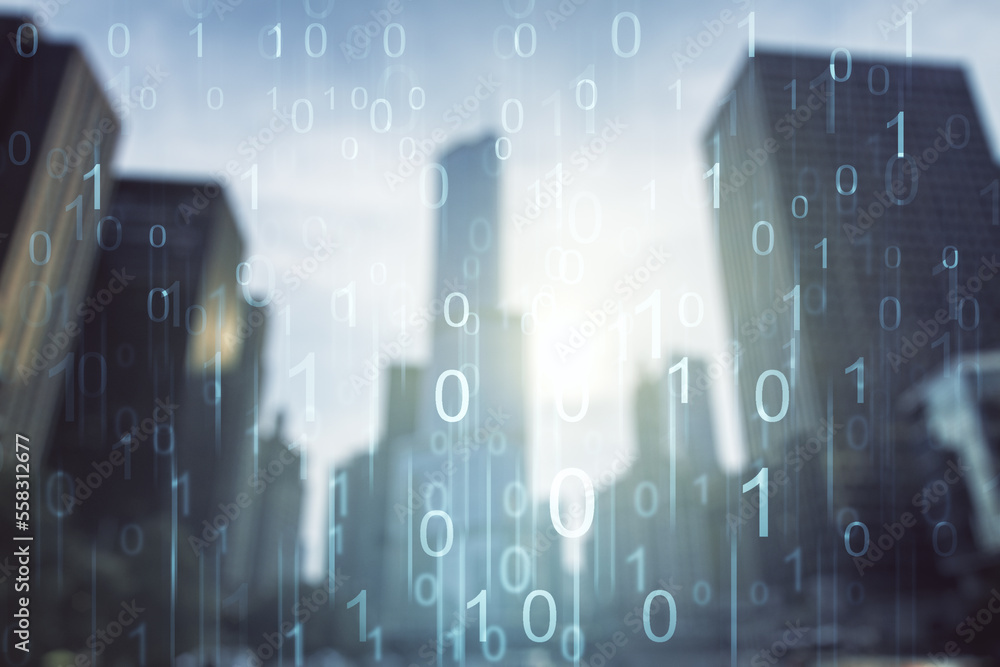 Aufkleber double exposure of abstract virtual binary code hologram on modern skyscrapers background. database 