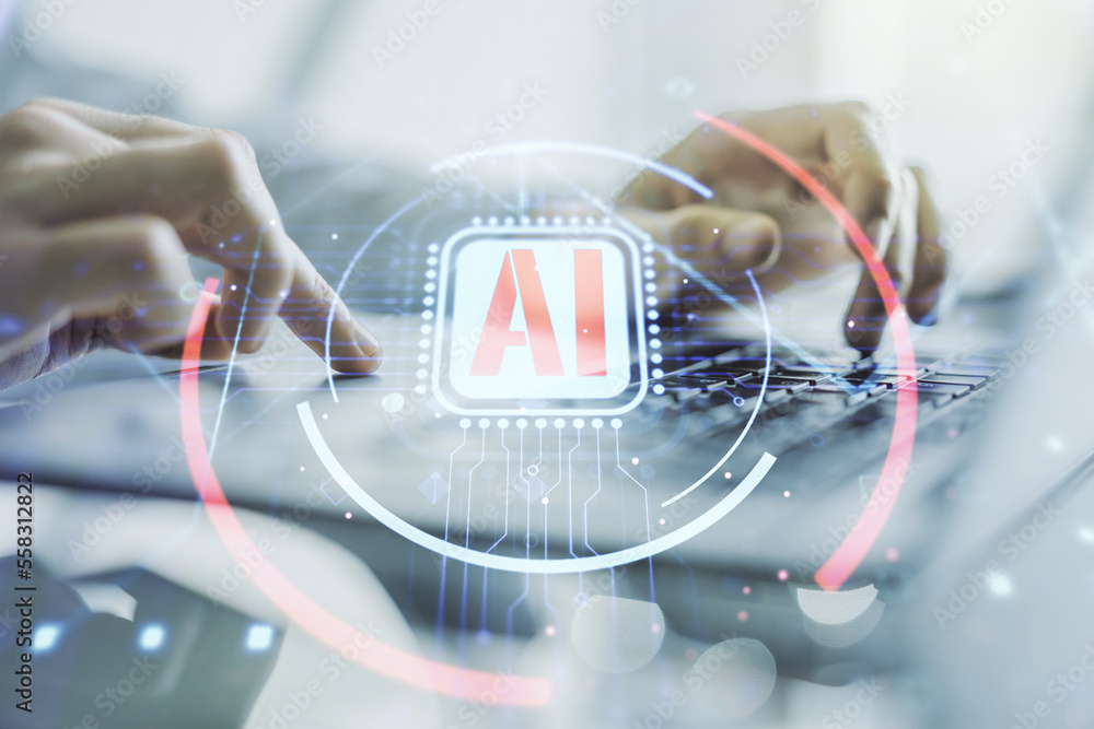 Poster double exposure of creative artificial intelligence abbreviation with hand typing on computer keyboa