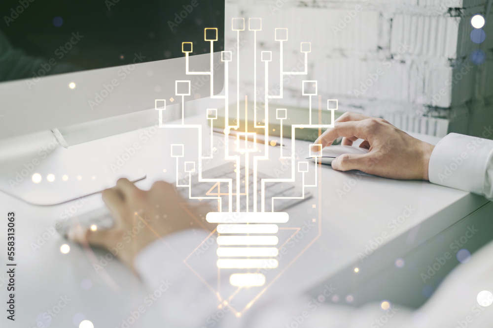 Poster creative light bulb with chip hologram and hands typing on computer keyboard on background, artifici
