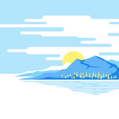 Landscape illustration, mountains with spruce trees, sun with clouds, nature background, modern flat style isolated