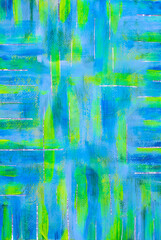 Abstract acrylic painting on canvas in blue and green with silver stripes. Geometric pattern in strokes, bright background