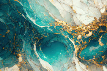 Fototapeta Abstract marble textured background. Fluid art modern wallpaper. Marbe gold and turquoise surface. AI	 obraz