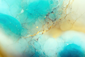 Abstract marble textured background. Fluid art modern wallpaper. Marbe gold and turquoise surface. AI	