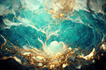 Abstract marble textured background. Fluid art modern wallpaper. Marbe gold and turquoise surface. AI	