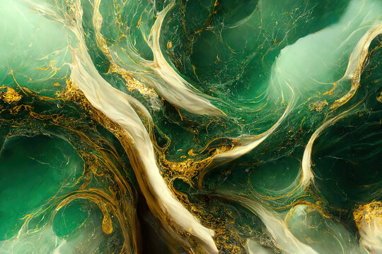 Green and gold marble texture. Luxury abstract fluid art paint wallpaper. AI	