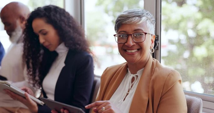 Face, tablet and senior woman in waiting room in office for job interview. Technology, group recruitment and elderly female on touchscreen for research, sitting and waiting in line or row for hiring.