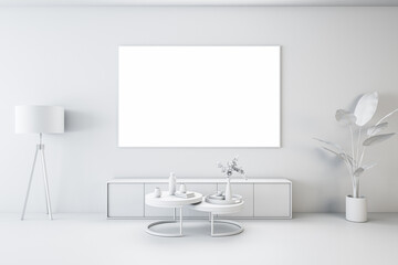 Front view on blank white TV screen with place for your logo or text on light wall background in cozy total white living room with coffee table and vintage style lamp. 3D rendering, mock up