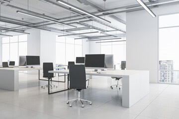 Perspective view on monochrome style open space office with modern computers on light tables, loft ceiling and city view background from panoramic windows. 3D rendering