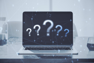 Education, ask symbol and problem concept with digital question marks on modern laptop on office table background, double exposure